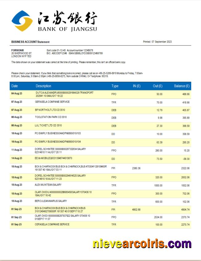 Bank of Jiangsu corporate account statement